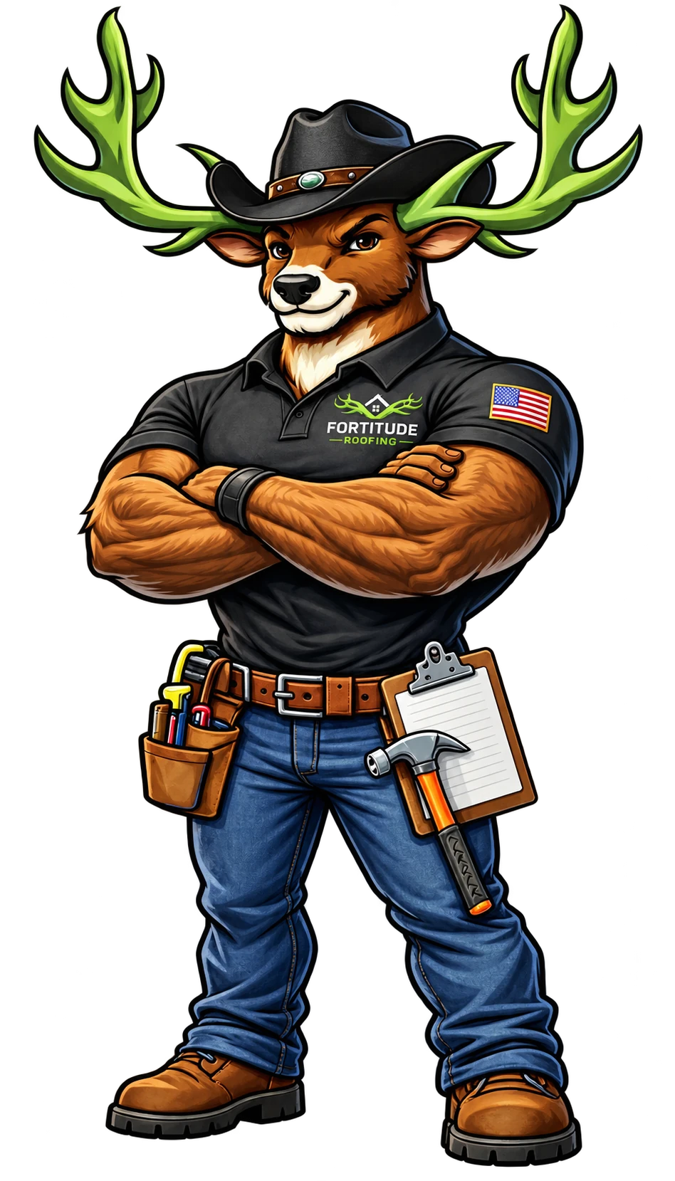 Fortitude Roofing mascot wearing a cowboy hat and roofing tool belt