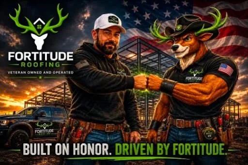 Fortitude Roofing promotional image featuring a team representative and the company mascot