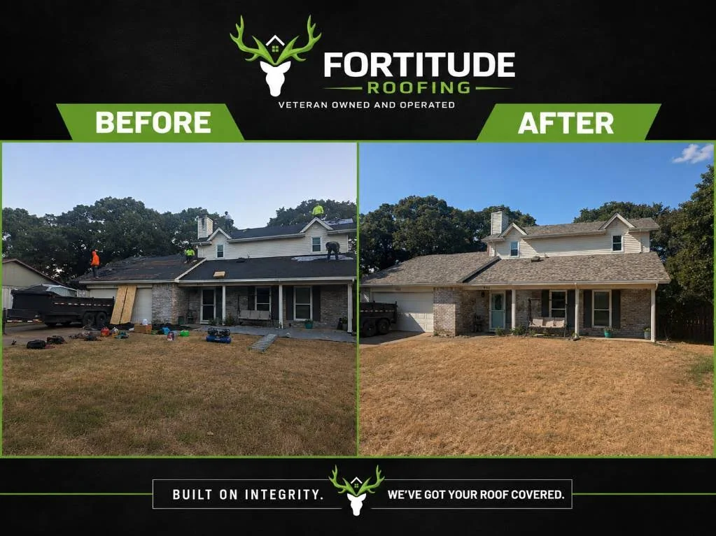 Before and after roof replacement example on a two-story home