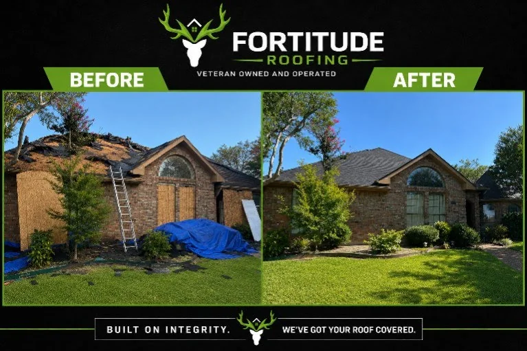 Before and after roofing project example on a brick home