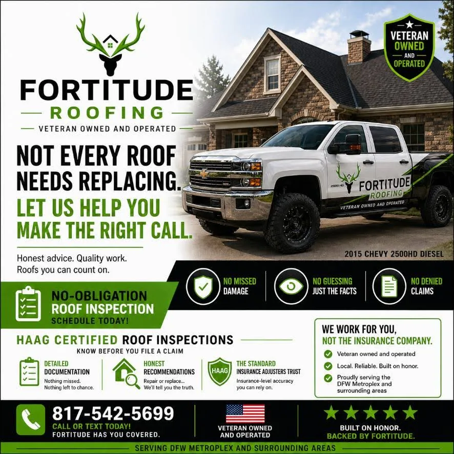 Fortitude Roofing roof inspection and Veteran-owned company graphic