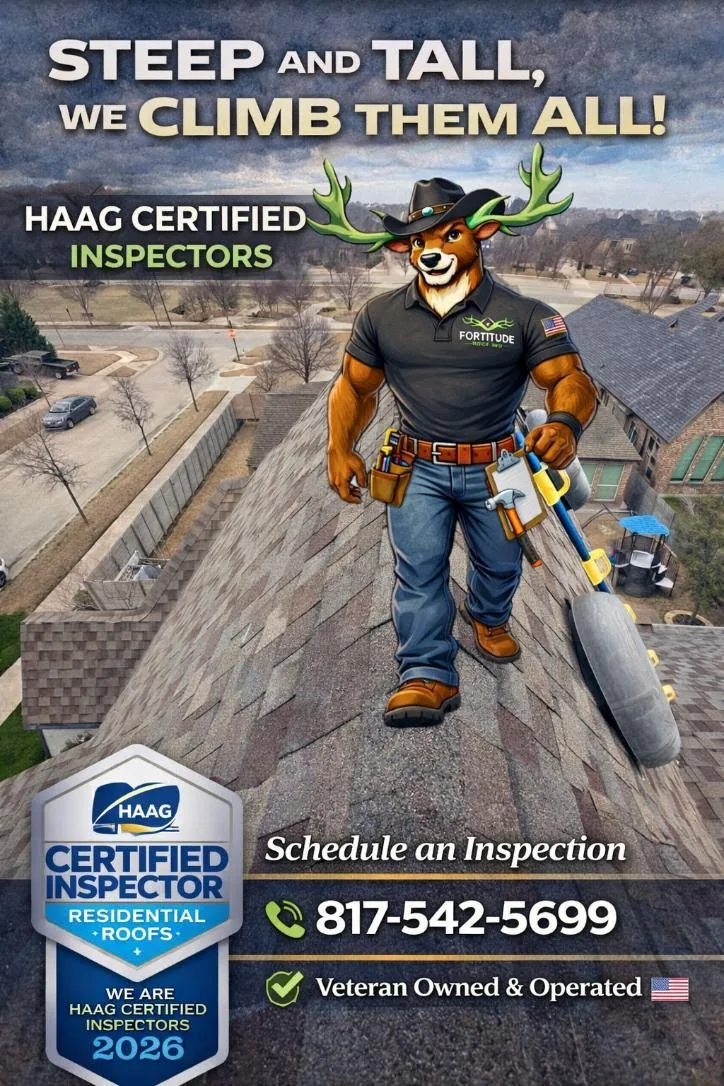 Fortitude Roofing certified inspector graphic on a steep roof